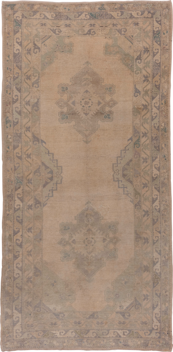 5' x 10' one-of-a-kind handmade vintage Oushak medium size rug. Color palette: beige, taupe, sage, dusty blue, camel, brown