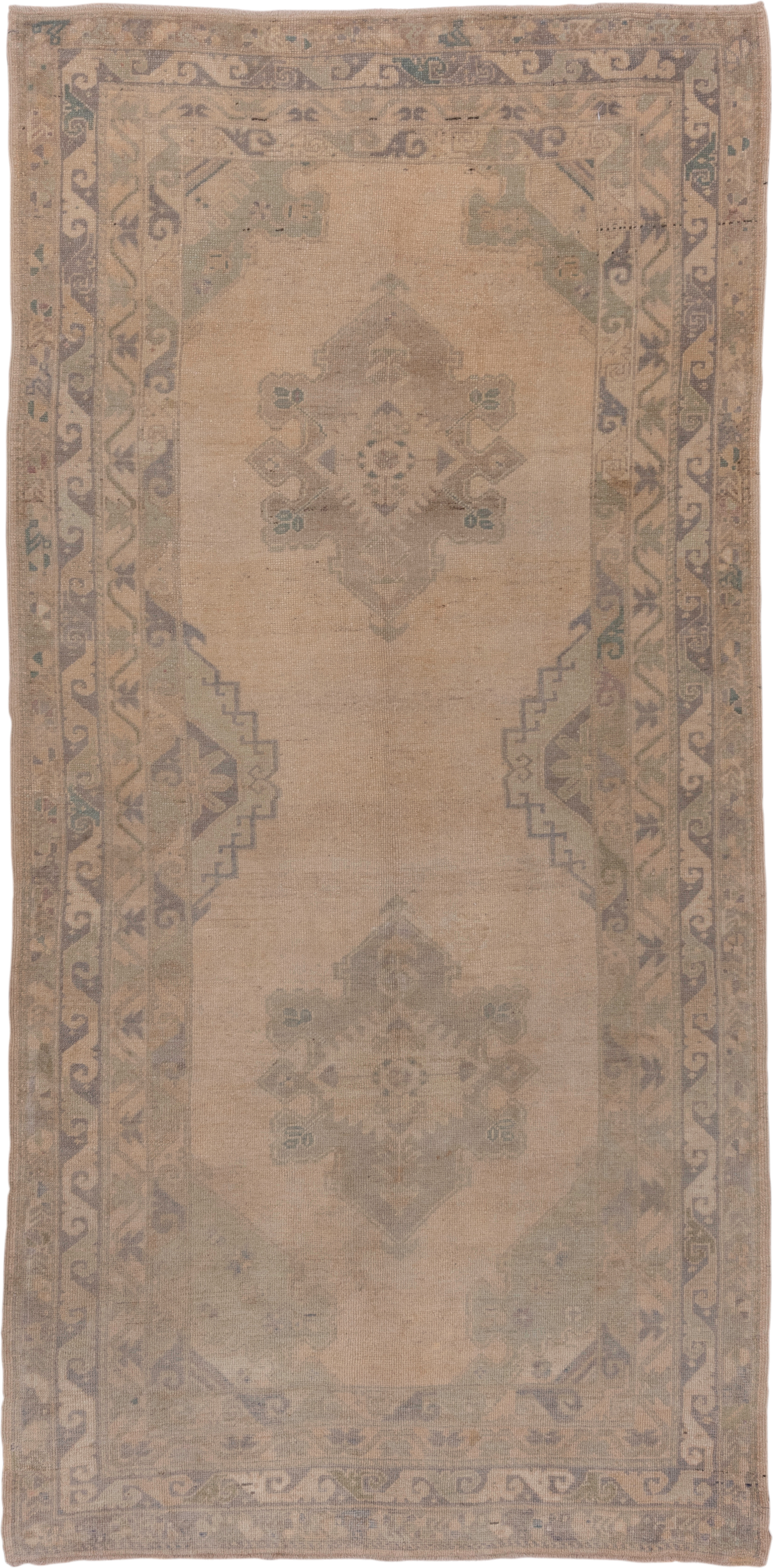 5' x 10' one-of-a-kind handmade vintage Oushak medium size rug. Color palette: beige, taupe, sage, dusty blue, camel, brown