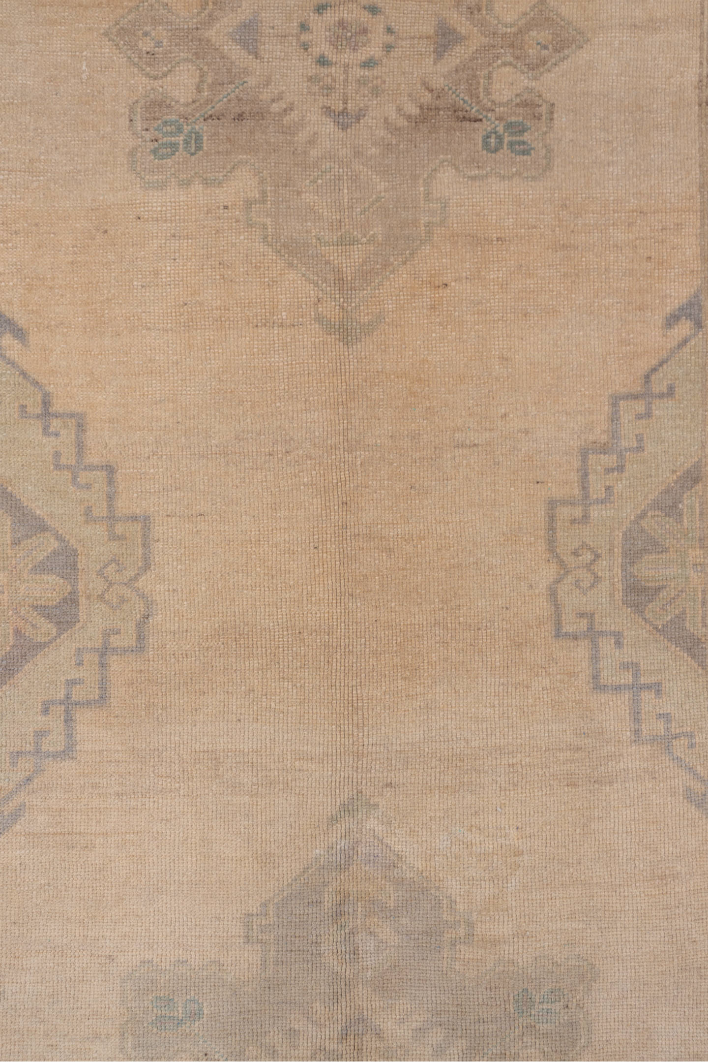 5' x 10' one-of-a-kind handmade vintage Oushak medium size rug. Color palette: beige, taupe, sage, dusty blue, camel, brown