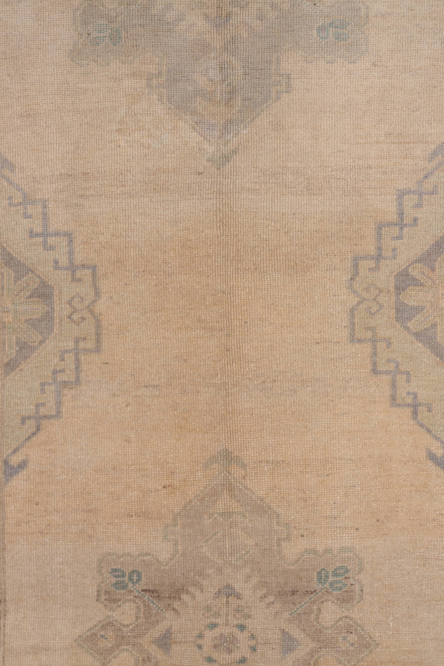 5' x 10' one-of-a-kind handmade vintage Oushak medium size rug. Color palette: beige, taupe, sage, dusty blue, camel, brown