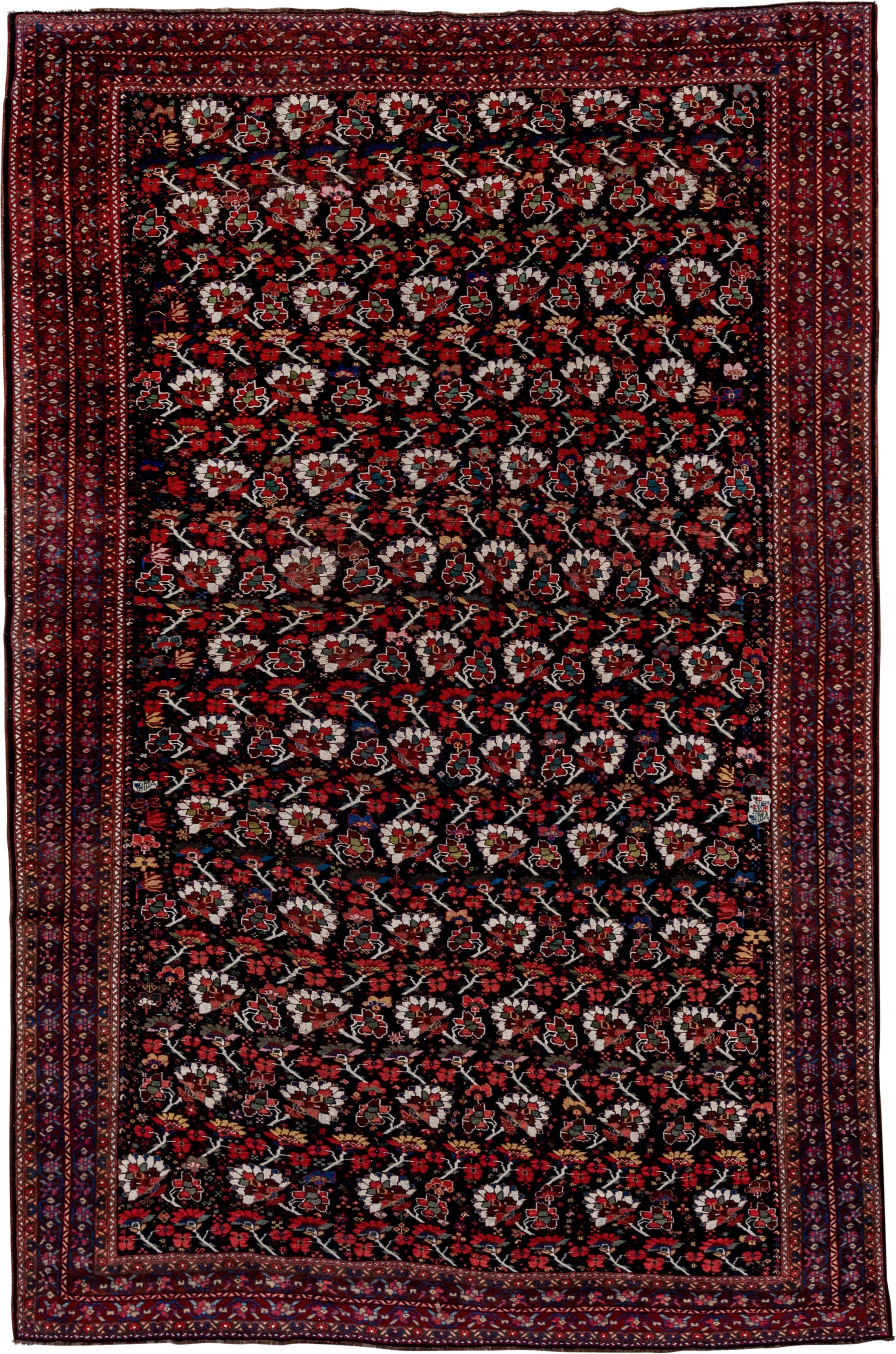 8' x 12' one-of-a-kind handmade antique Shiraz large size rug. Color palette: burgundy, ebony, crimson, ivory, indigo, rust