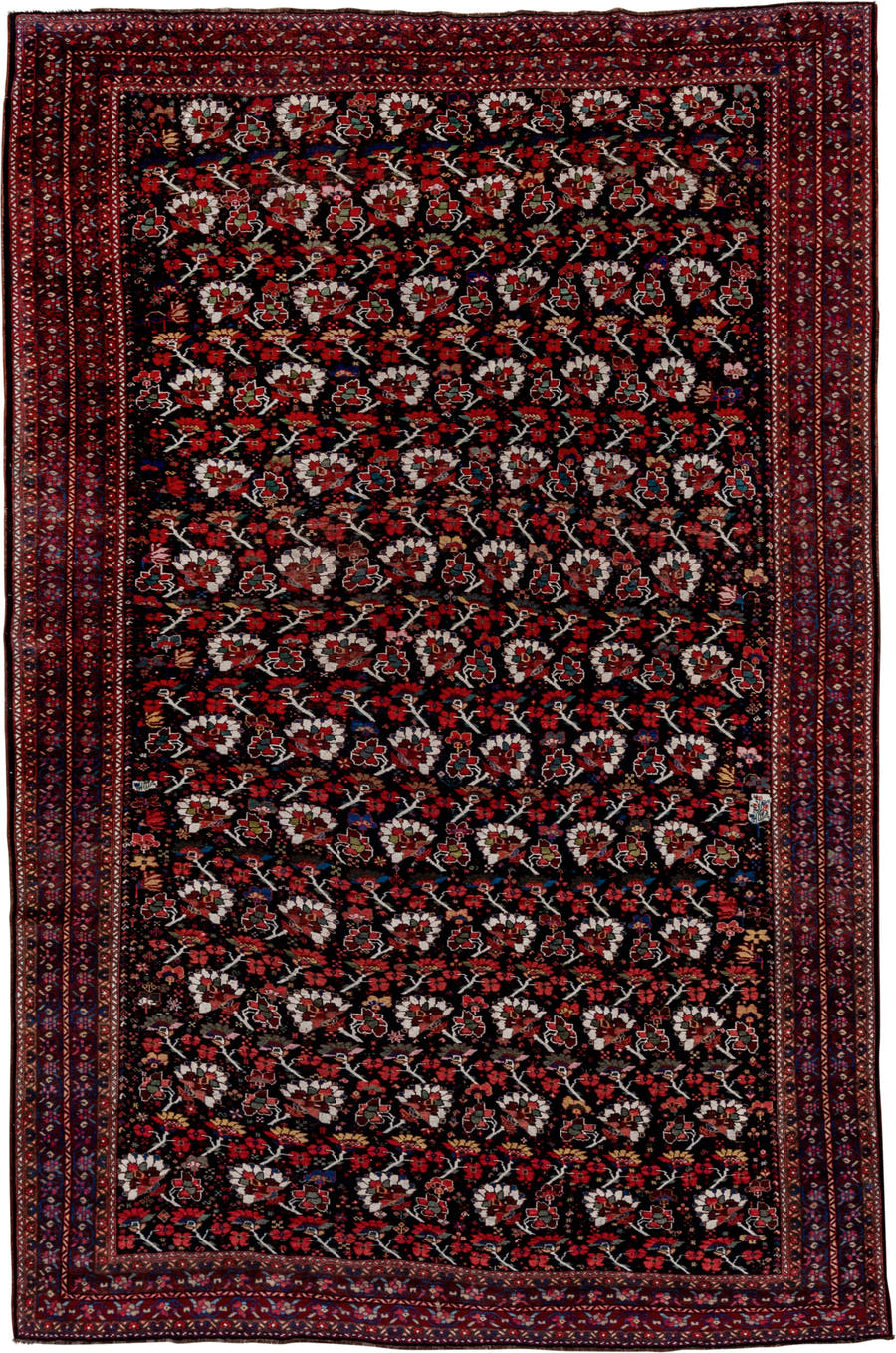 8' x 12' one-of-a-kind handmade antique Shiraz large size rug. Color palette: burgundy, ebony, crimson, ivory, indigo, rust