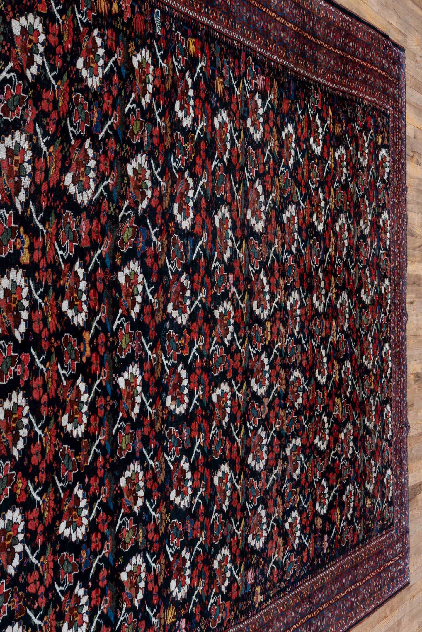 8' x 12' one-of-a-kind handmade antique Shiraz large size rug. Color palette: burgundy, ebony, crimson, ivory, indigo, rust