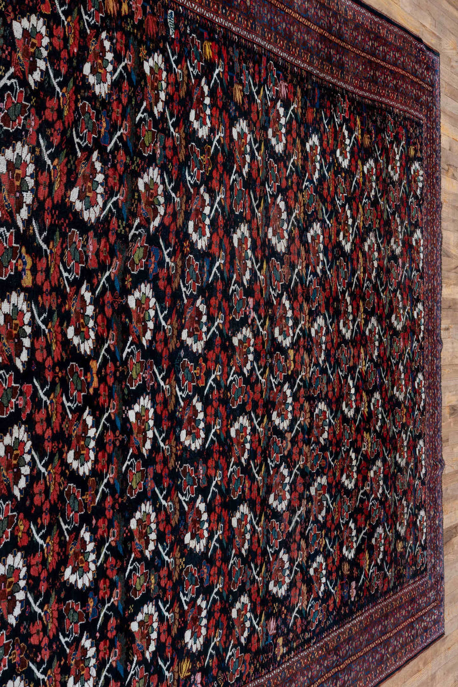 8' x 12' one-of-a-kind handmade antique Shiraz large size rug. Color palette: burgundy, ebony, crimson, ivory, indigo, rust