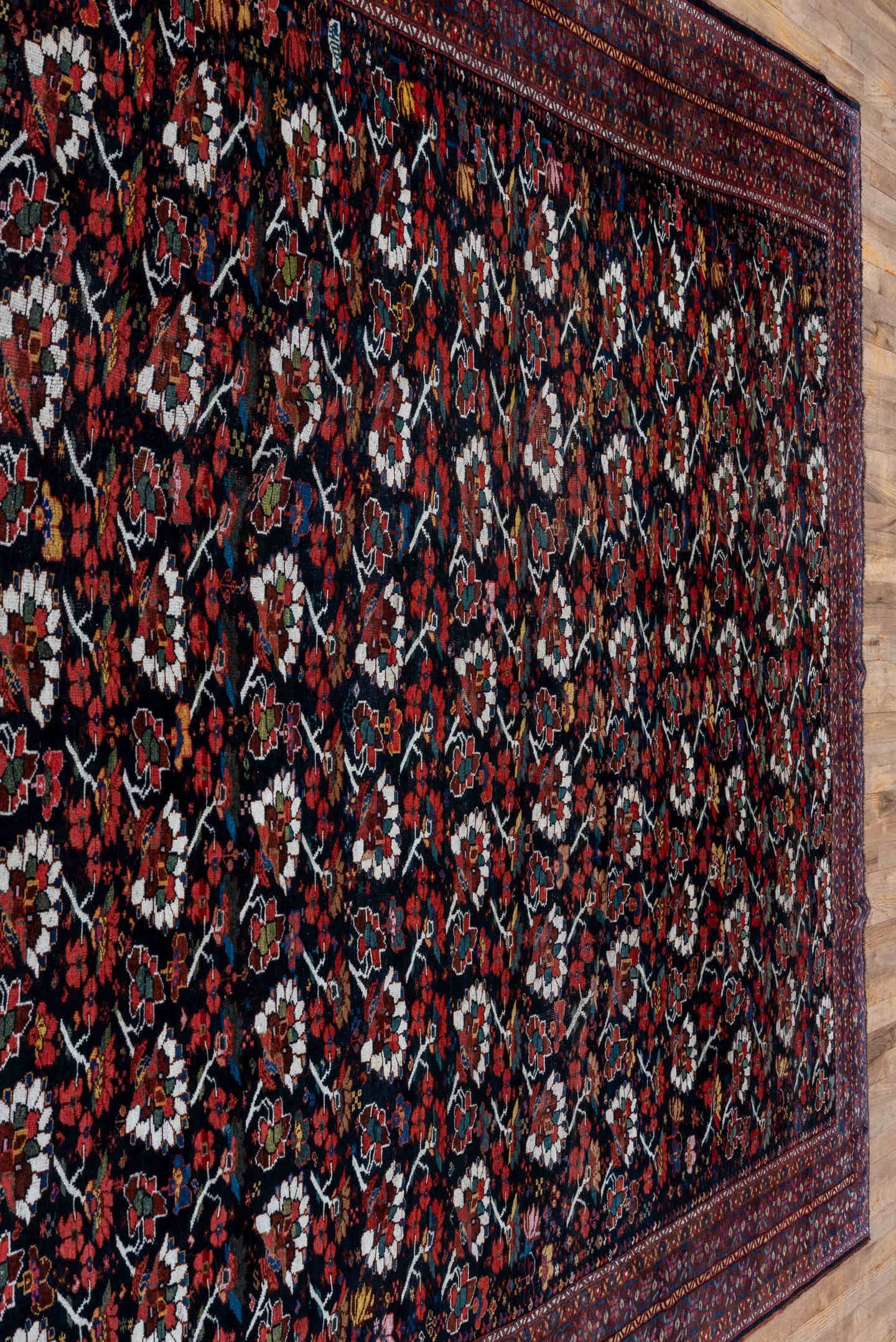 8' x 12' one-of-a-kind handmade antique Shiraz large size rug. Color palette: burgundy, ebony, crimson, ivory, indigo, rust
