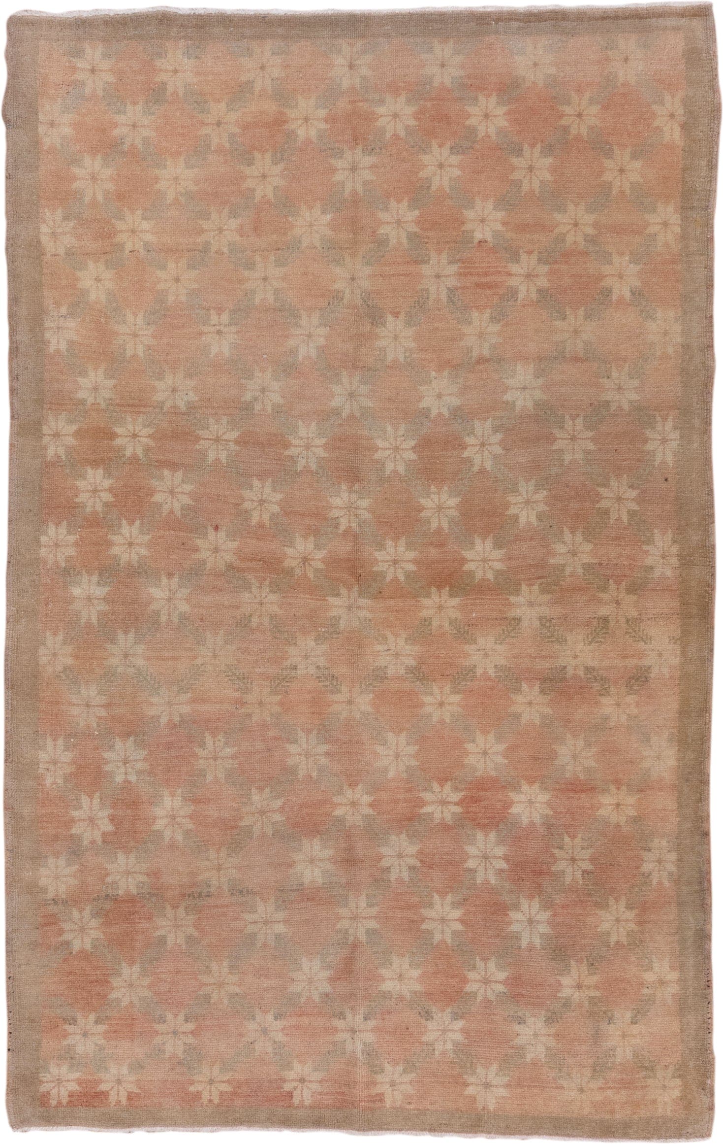 4' x 7' one-of-a-kind handmade vintage Oushak rug. Color palette: blush, ivory, taupe, sage, beige, pink, gray, green