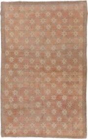 4' x 7' one-of-a-kind handmade vintage Oushak rug. Color palette: blush, ivory, taupe, sage, beige, pink, gray, green