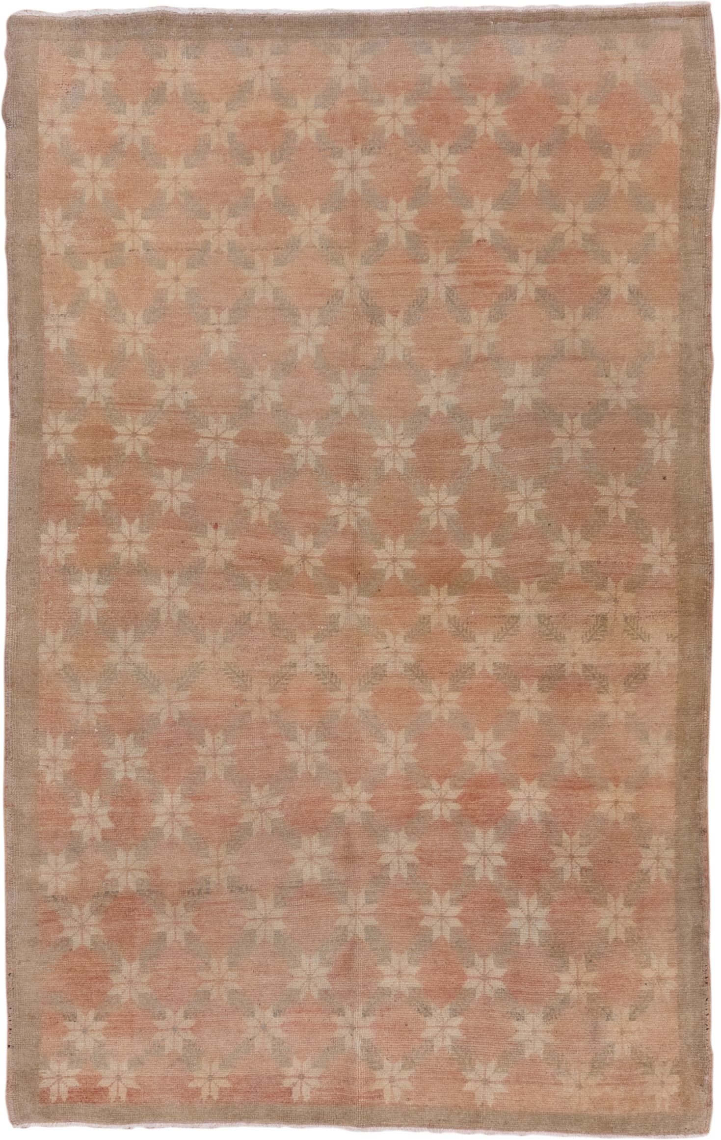 4' x 7' one-of-a-kind handmade vintage Oushak rug. Color palette: blush, ivory, taupe, sage, beige, pink, gray, green
