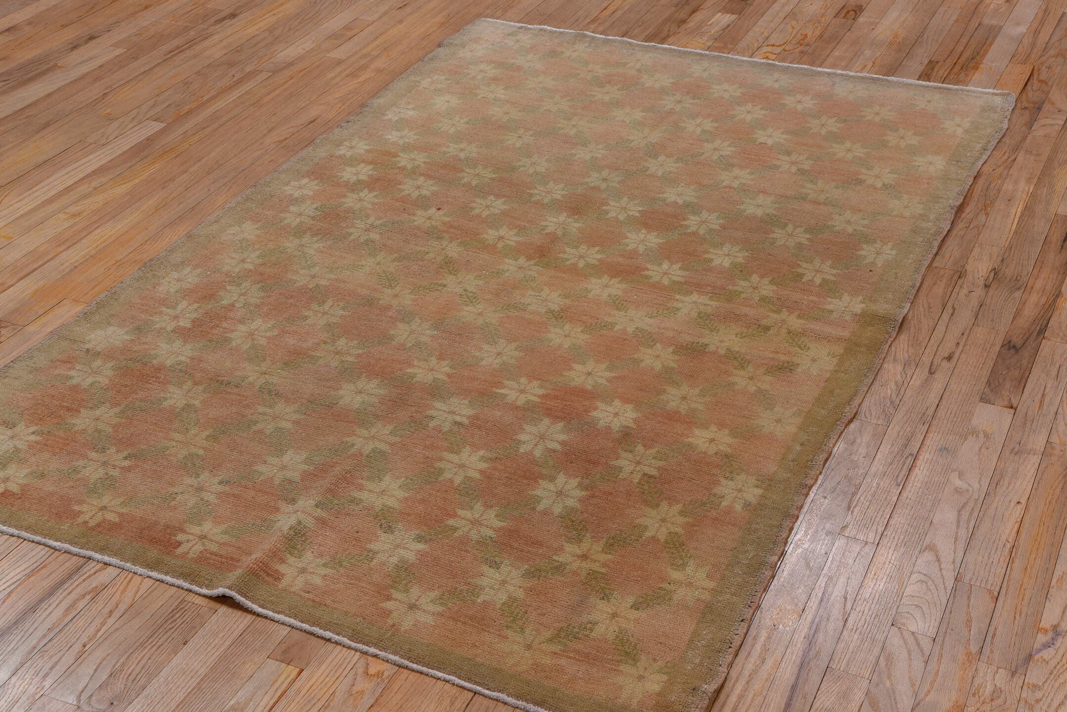 4' x 7' one-of-a-kind handmade vintage Oushak rug. Color palette: blush, ivory, taupe, sage, beige, pink, gray, green