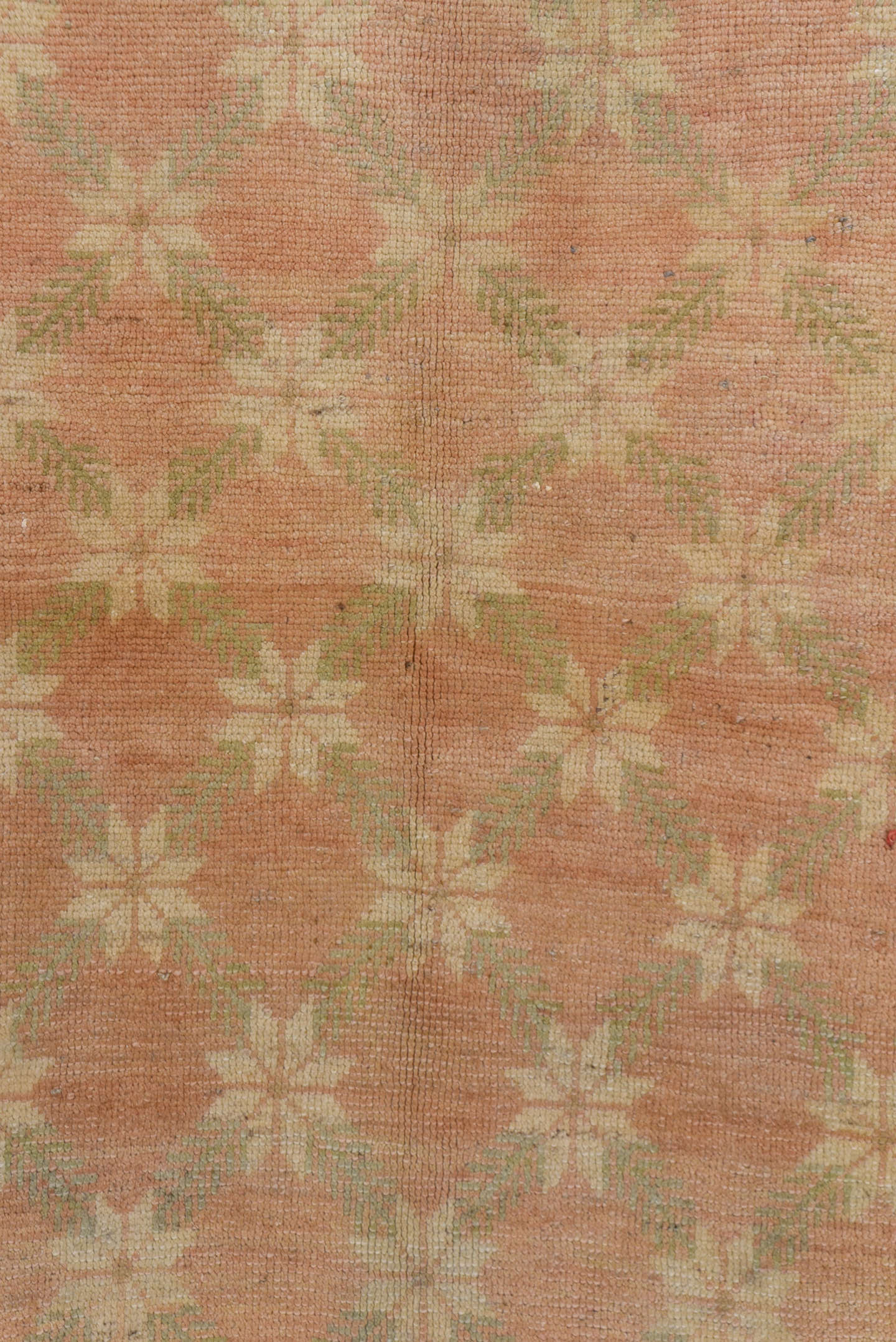 4' x 7' one-of-a-kind handmade vintage Oushak rug. Color palette: blush, ivory, taupe, sage, beige, pink, gray, green