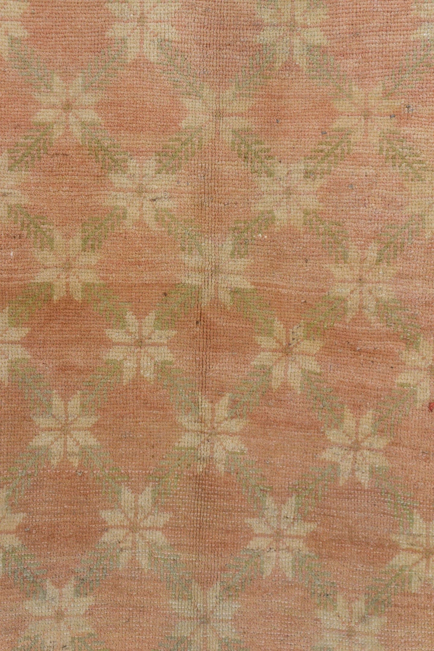 4' x 7' one-of-a-kind handmade vintage Oushak rug. Color palette: blush, ivory, taupe, sage, beige, pink, gray, green