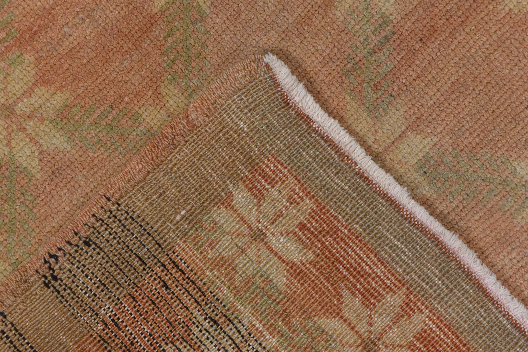 4' x 7' one-of-a-kind handmade vintage Oushak rug. Color palette: blush, ivory, taupe, sage, beige, pink, gray, green