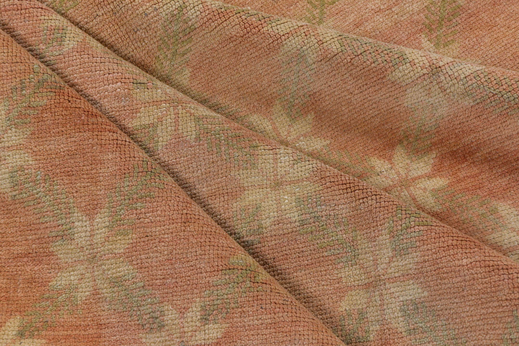 4' x 7' one-of-a-kind handmade vintage Oushak rug. Color palette: blush, ivory, taupe, sage, beige, pink, gray, green