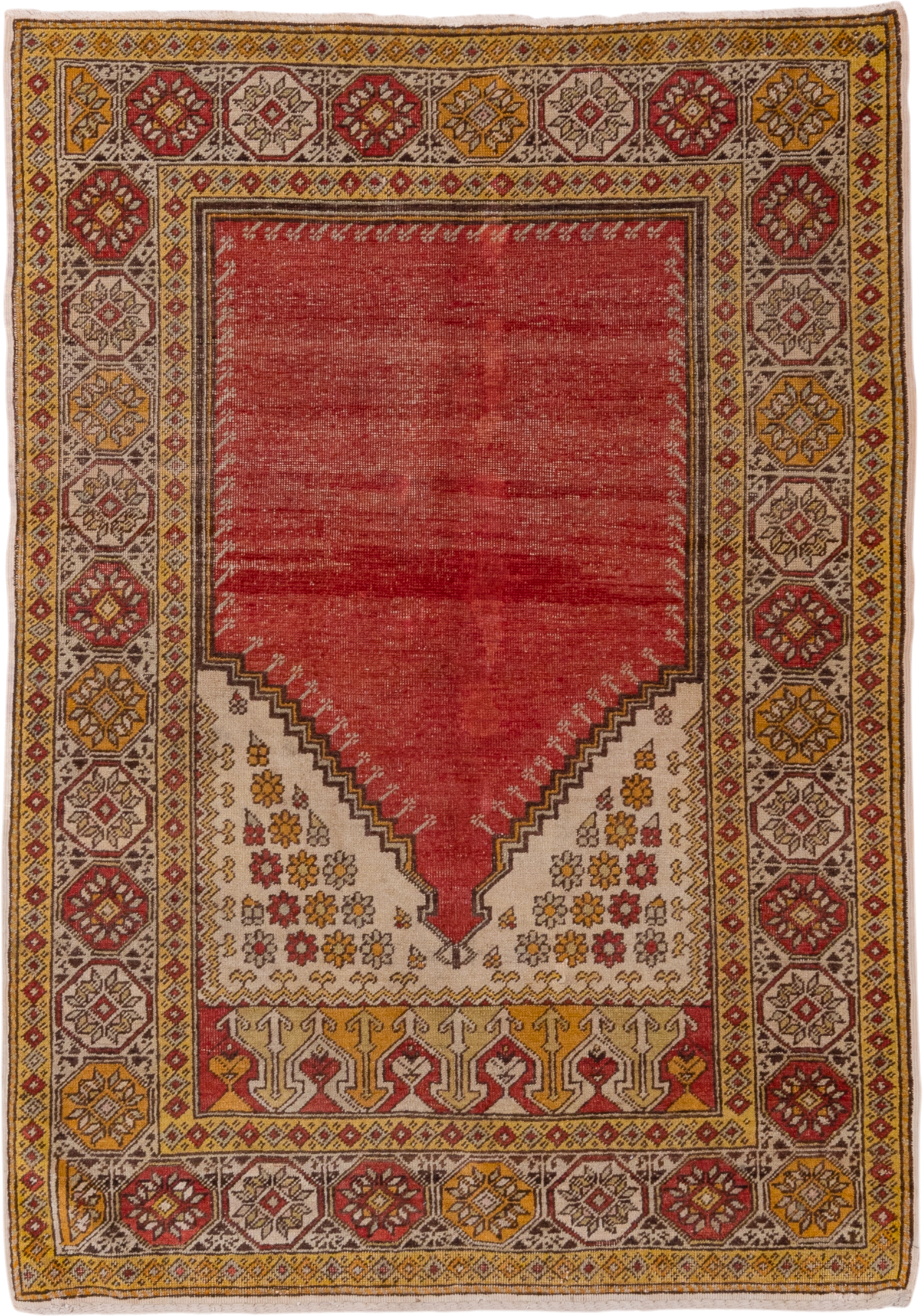 4' x 5' one-of-a-kind handmade vintage Oushak small size rug. Color palette: coral, ivory, gold, rust, saffron, brown