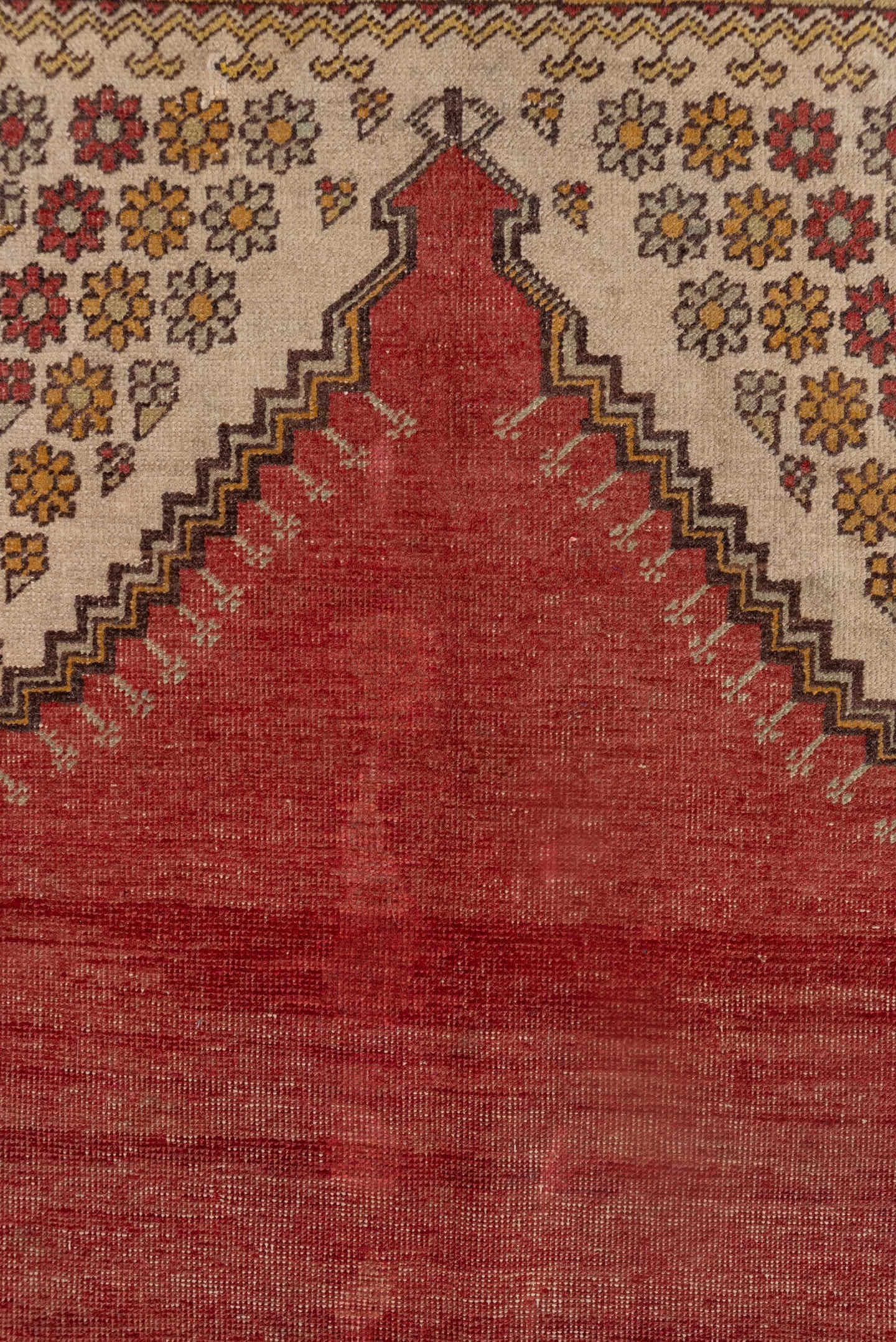 4' x 5' one-of-a-kind handmade vintage Oushak small size rug. Color palette: coral, ivory, gold, rust, saffron, brown