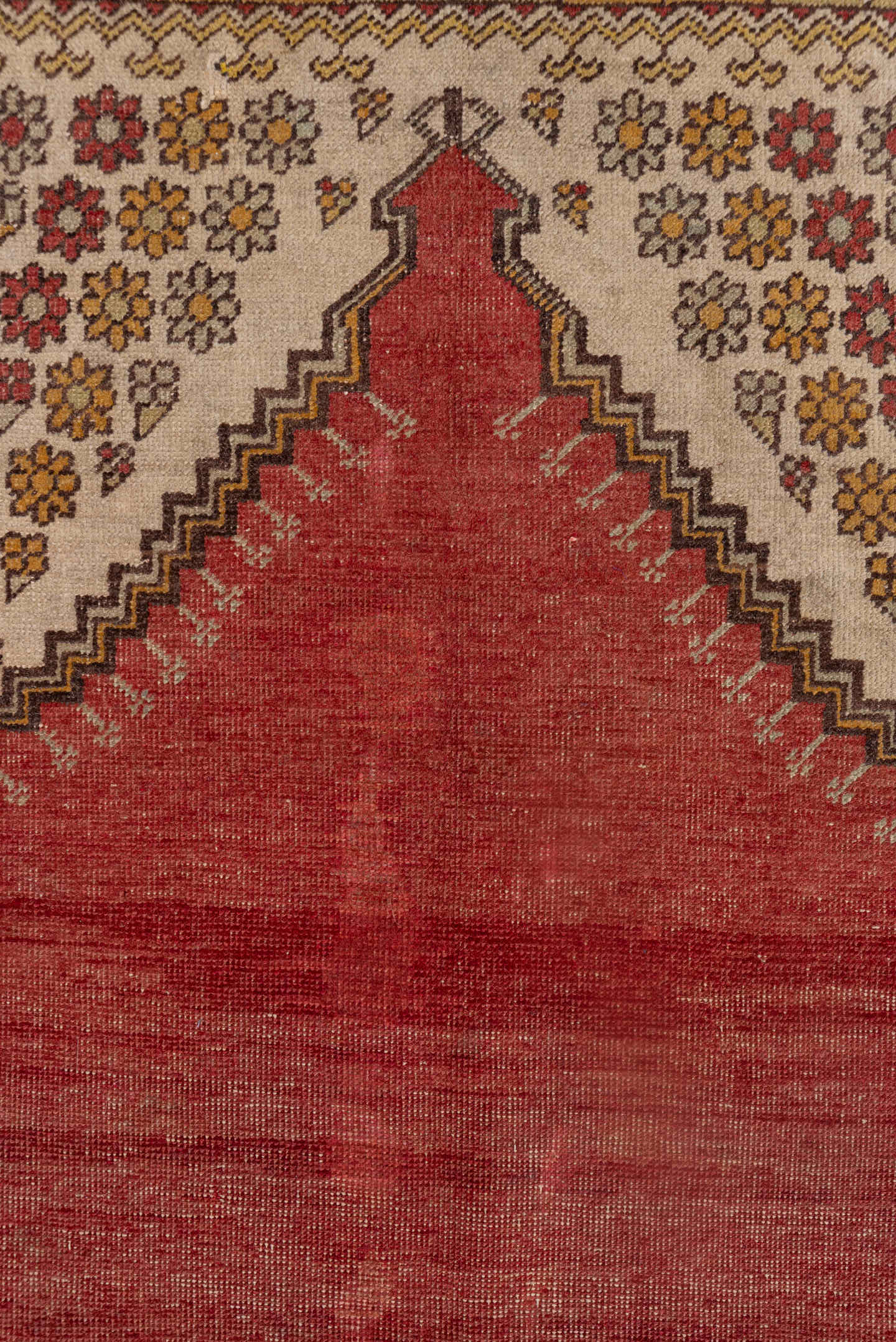 4' x 5' one-of-a-kind handmade vintage Oushak small size rug. Color palette: coral, ivory, gold, rust, saffron, brown