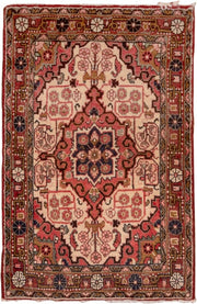 2' x 3' one-of-a-kind handmade vintage Sarouk small size rug. Color palette: ivory, rose, rust, navy, burgundy, taupe, brown