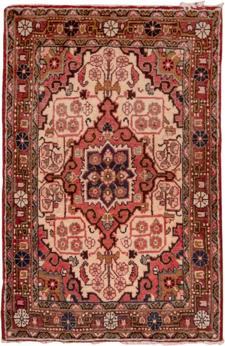 2' x 3' one-of-a-kind handmade vintage Sarouk small size rug. Color palette: ivory, rose, rust, navy, burgundy, taupe, brown