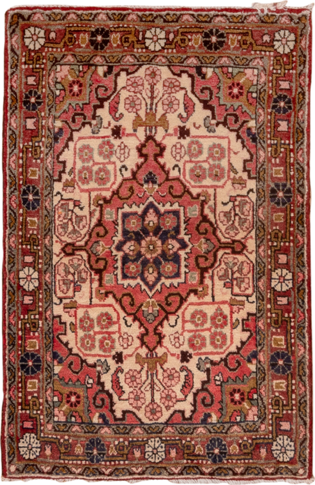 2' x 3' one-of-a-kind handmade vintage Sarouk small size rug. Color palette: ivory, rose, rust, navy, burgundy, taupe, brown