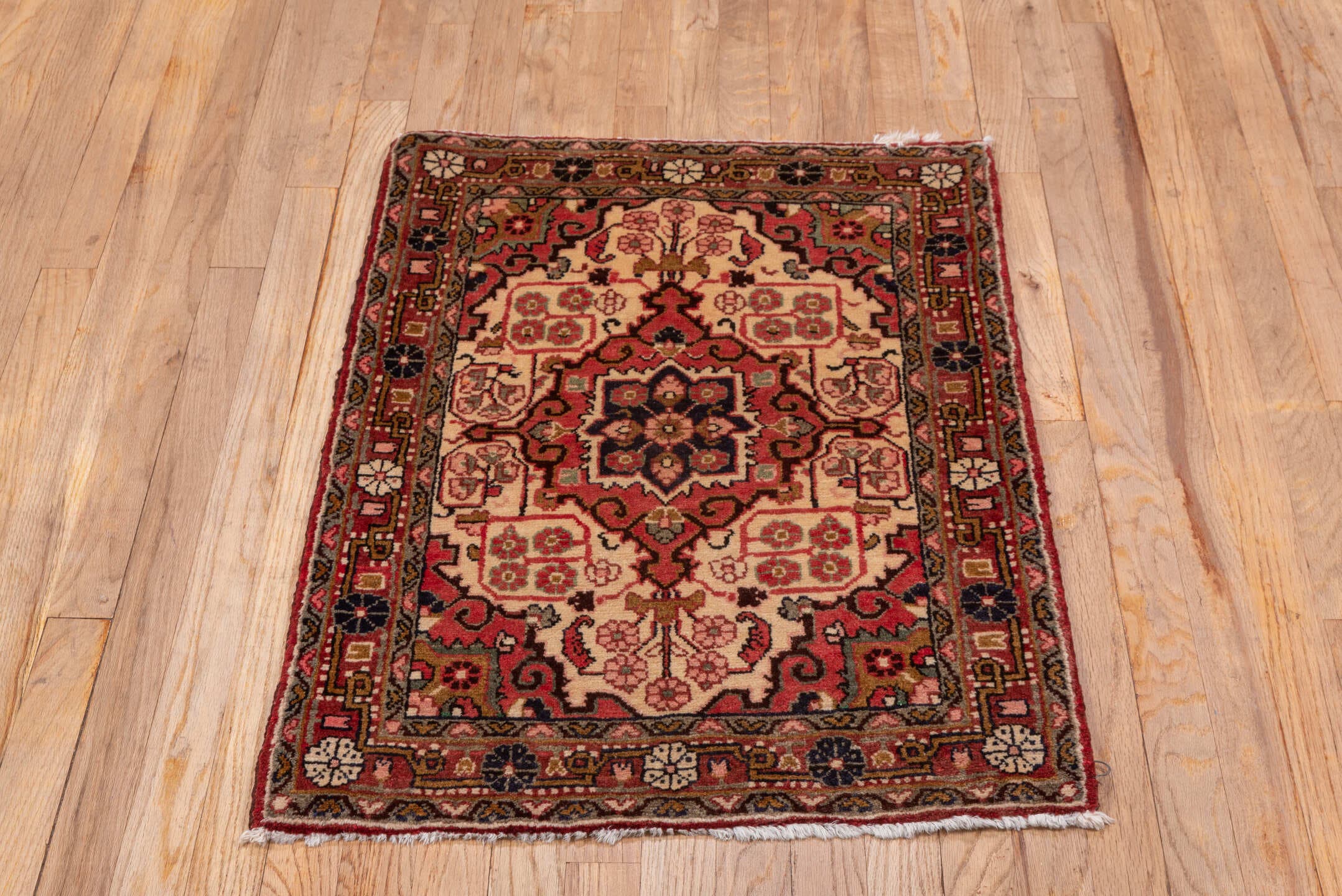 2' x 3' one-of-a-kind handmade vintage Sarouk small size rug. Color palette: ivory, rose, rust, navy, burgundy, taupe, brown