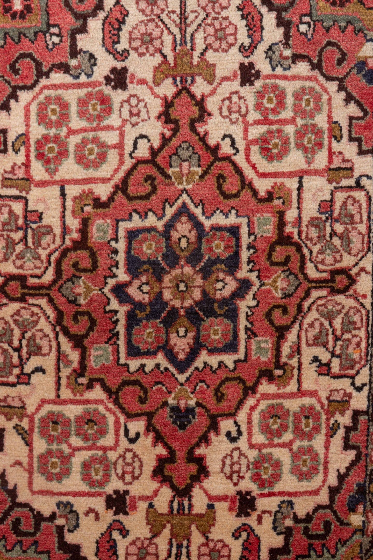2' x 3' one-of-a-kind handmade vintage Sarouk small size rug. Color palette: ivory, rose, rust, navy, burgundy, taupe, brown