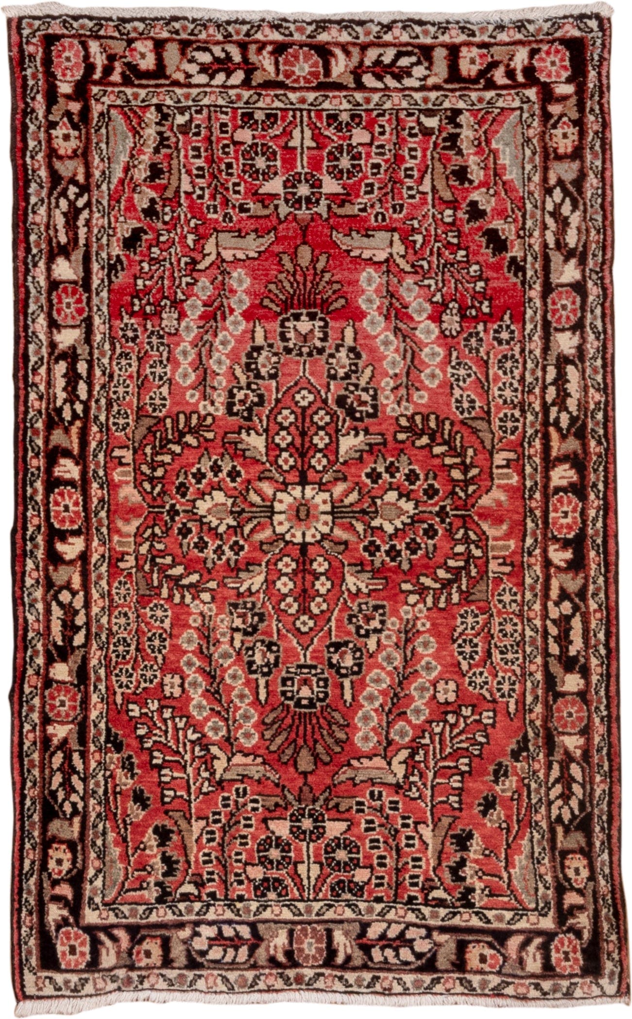 2' x 4' one-of-a-kind handmade vintage Dargazin small size rug. Color palette: red, ivory, charcoal, rose, burgundy, taupe