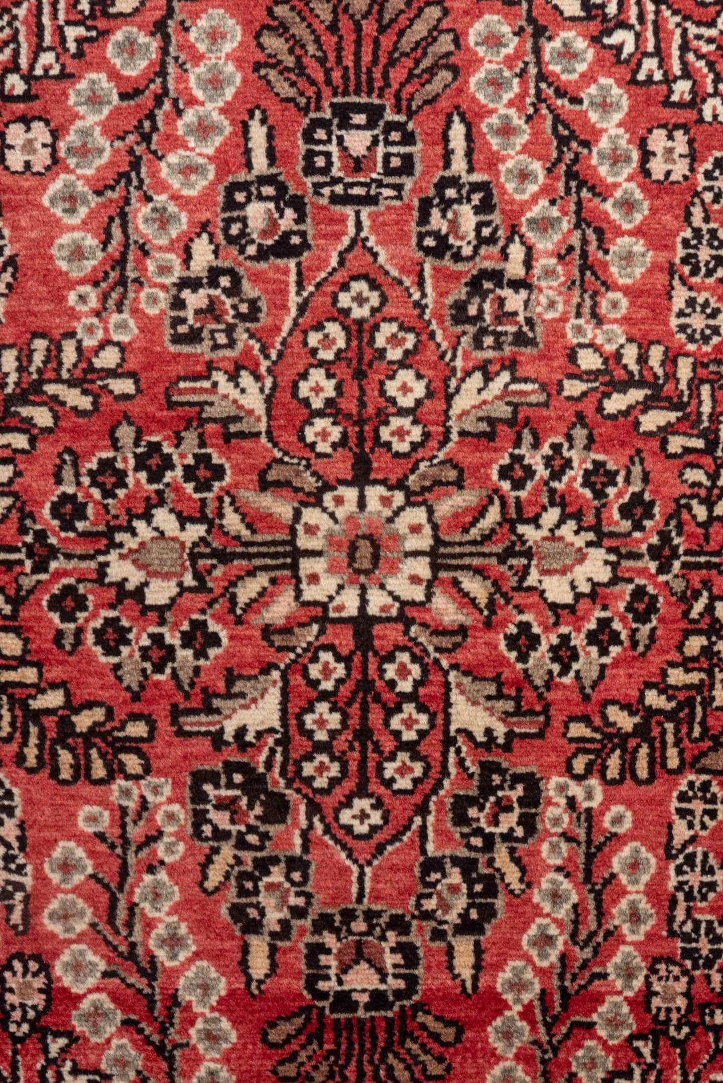 2' x 4' one-of-a-kind handmade vintage Dargazin small size rug. Color palette: red, ivory, charcoal, rose, burgundy, taupe