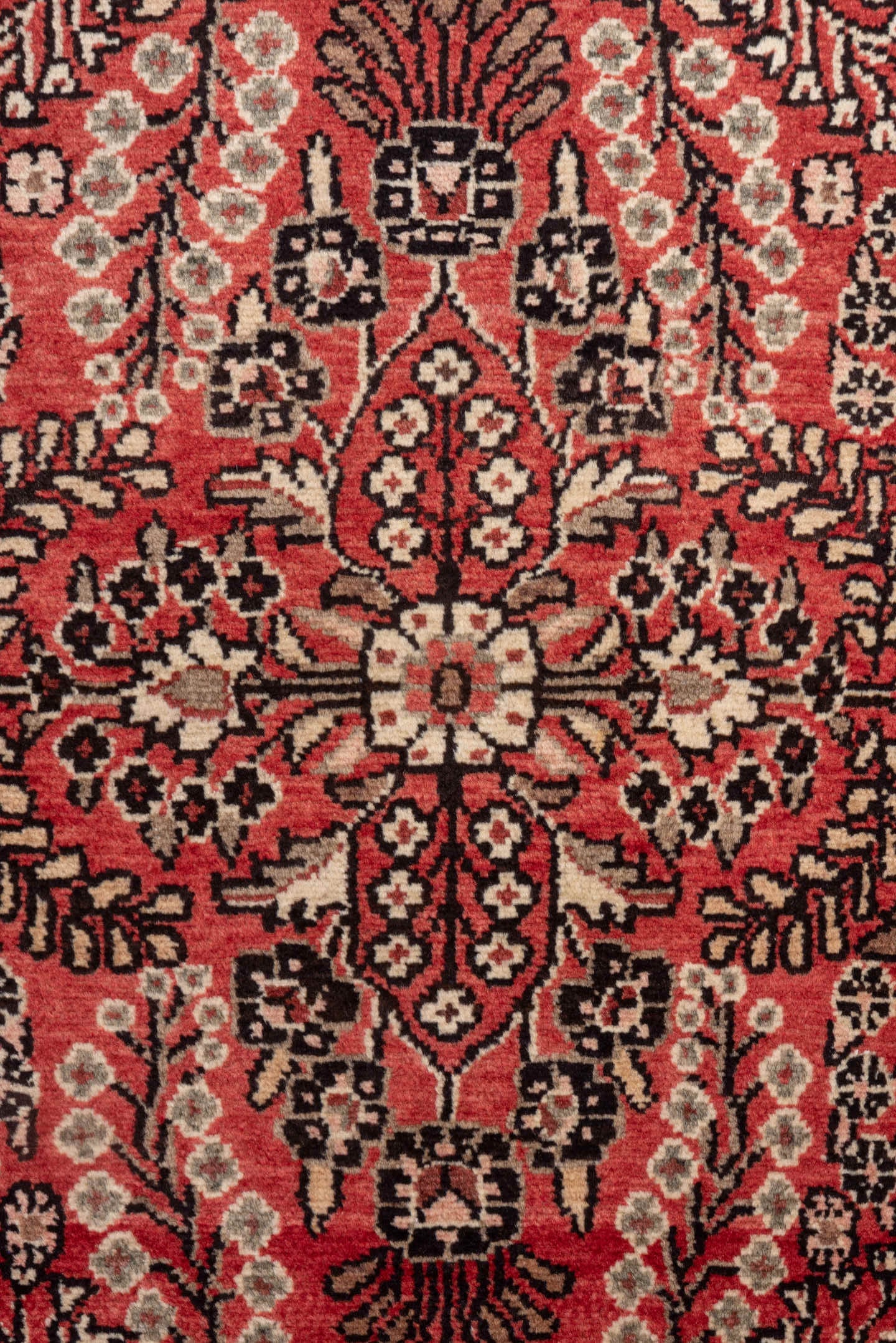 2' x 4' one-of-a-kind handmade vintage Dargazin small size rug. Color palette: red, ivory, charcoal, rose, burgundy, taupe