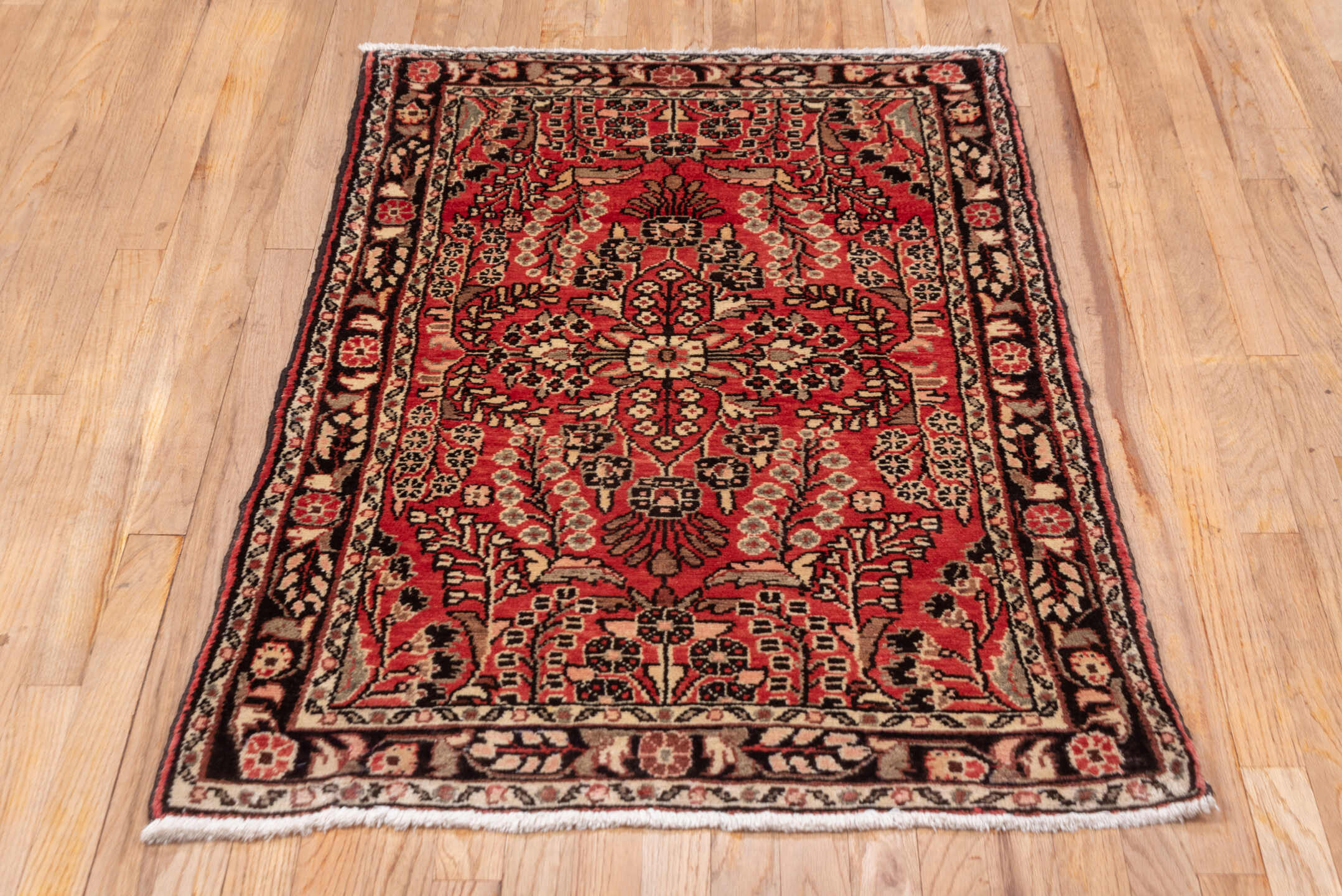 2' x 4' one-of-a-kind handmade vintage Dargazin small size rug. Color palette: red, ivory, charcoal, rose, burgundy, taupe