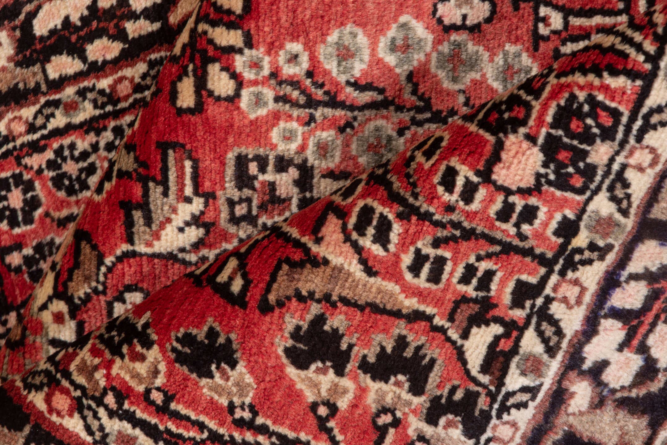 2' x 4' one-of-a-kind handmade vintage Dargazin small size rug. Color palette: red, ivory, charcoal, rose, burgundy, taupe