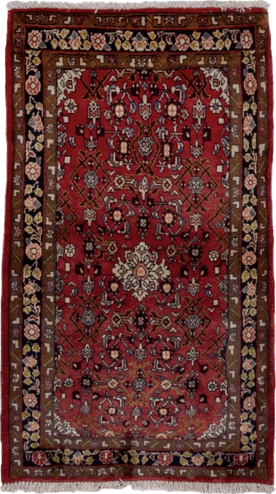2' x 4' one-of-a-kind handmade vintage Hamadan small size rug. Color palette: rust, red, brown, ivory, navy, rose, camel