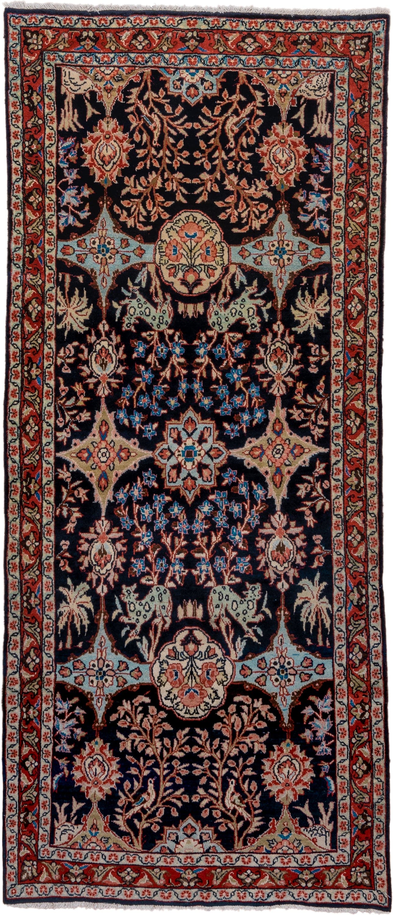 4' x 10' one-of-a-kind handmade vintage Mahal runner rug. Color palette: navy, rust, ivory, sky blue, camel, coral, slate