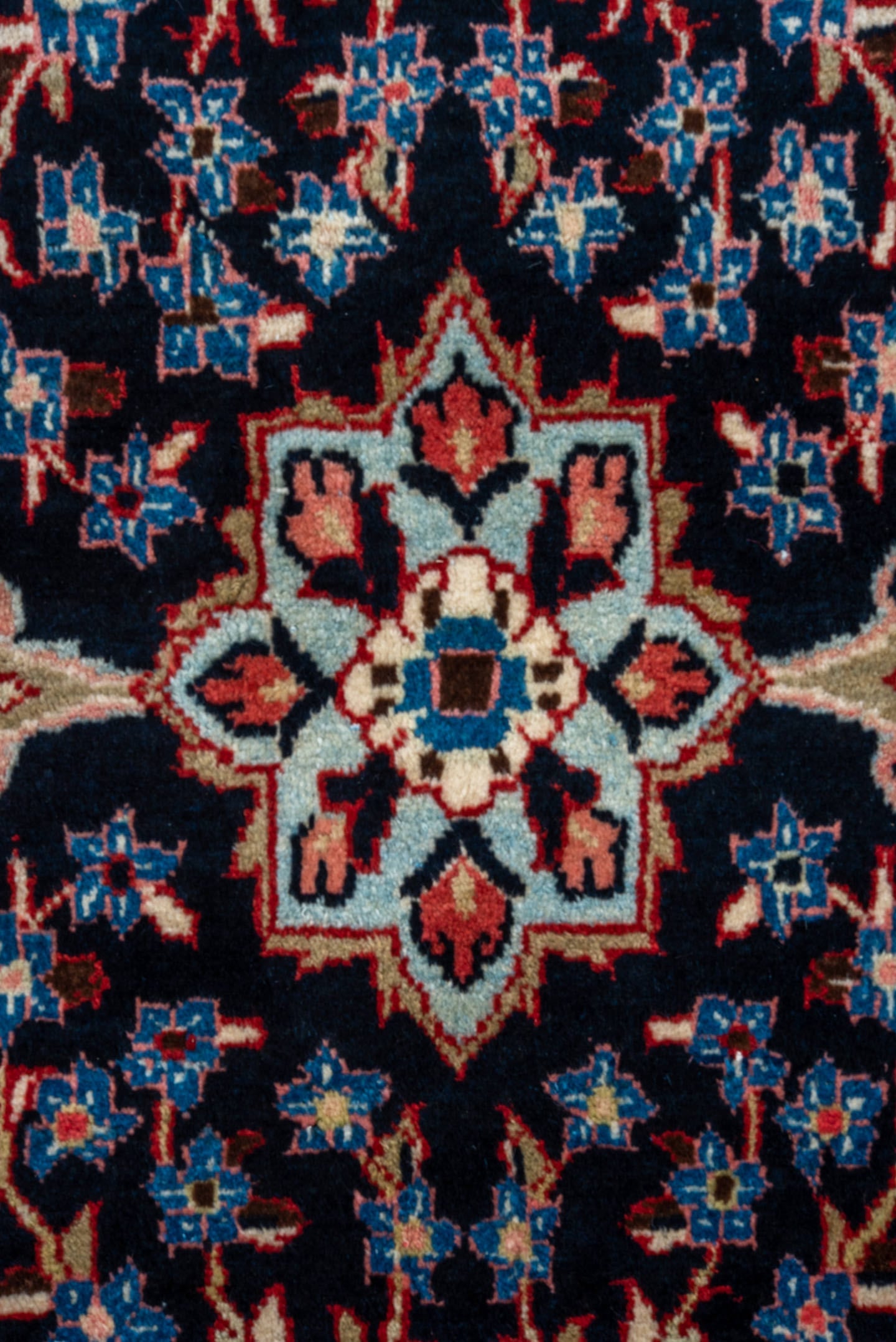 4' x 10' one-of-a-kind handmade vintage Mahal runner rug. Color palette: navy, rust, ivory, sky blue, camel, coral, slate