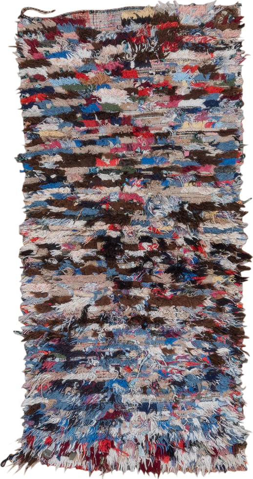 2' x 6' one-of-a-kind handmade vintage Rag Rug runner rug. Color palette: brown, ivory, blue, red, charcoal, cream, burgundy