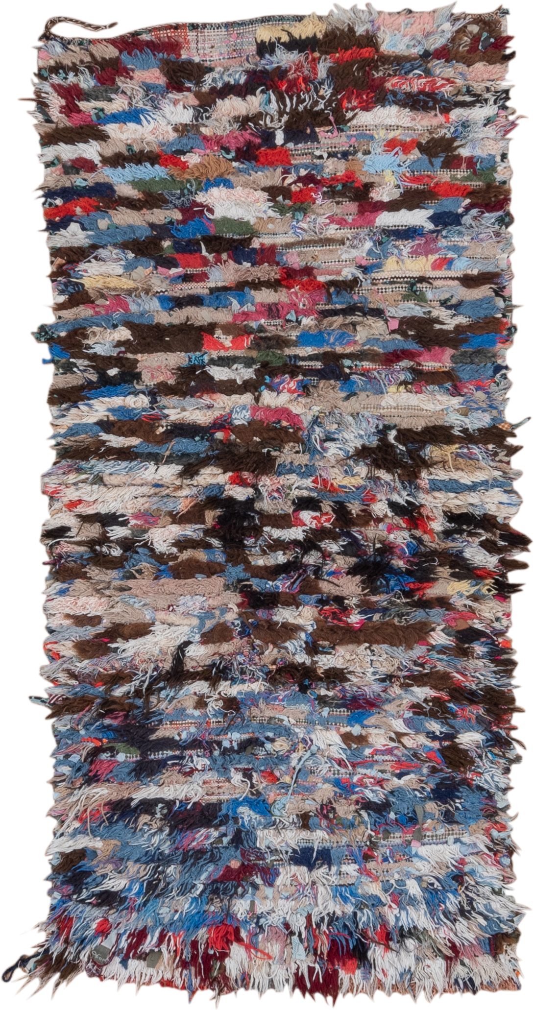 2' x 6' one-of-a-kind handmade vintage Rag Rug runner rug. Color palette: brown, ivory, blue, red, charcoal, cream, burgundy