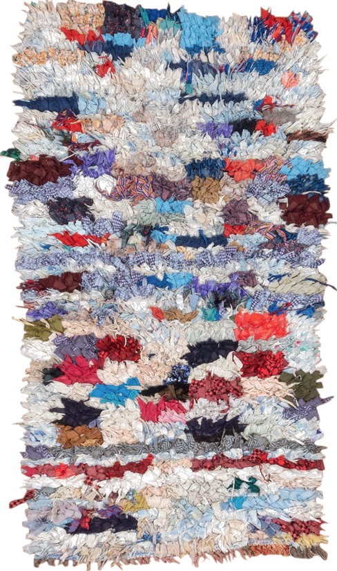 2' x 5' one-of-a-kind handmade vintage Rag Rug small size rug. Color palette: blue, brown, dark salmon, dim gray, gainsboro