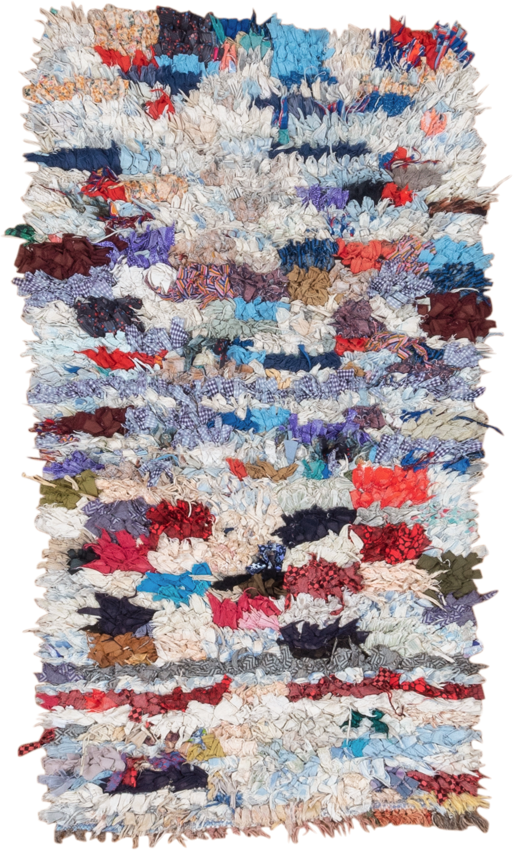 2' x 5' one-of-a-kind handmade vintage Rag Rug small size rug. Color palette: ivory, pale blue, navy, crimson, brown, violet