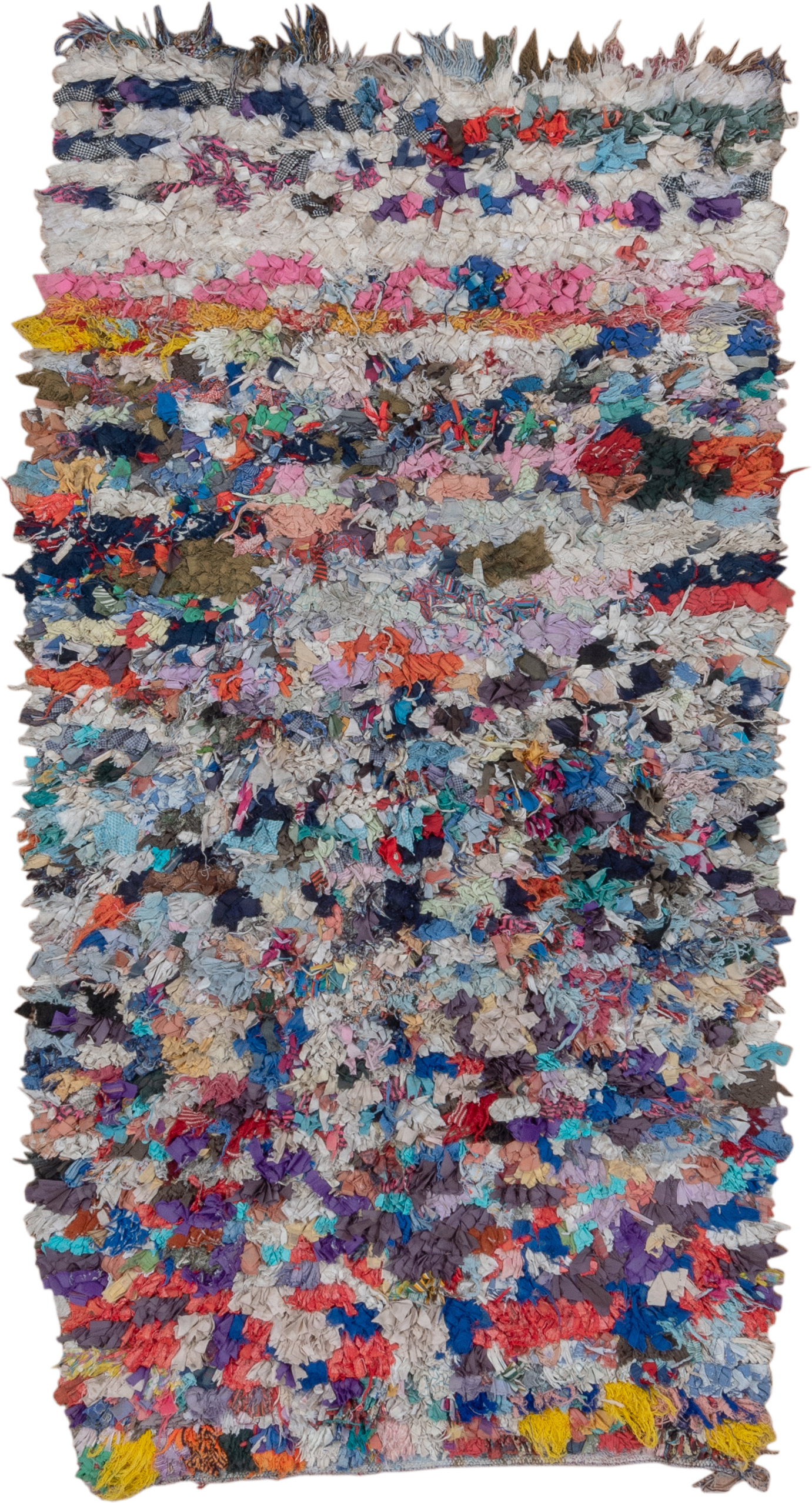 4' x 7' one-of-a-kind handmade vintage Rag Rug rug. Color palette: ivory, gray, blue, pink, purple, red, yellow, charcoal