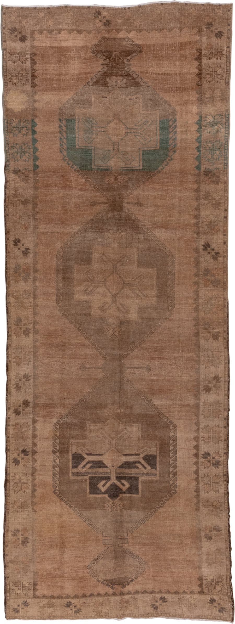 4' x 12' one-of-a-kind handmade vintage Oushak runner rug. Color palette: taupe, camel, brown, beige, teal, charcoal, gray