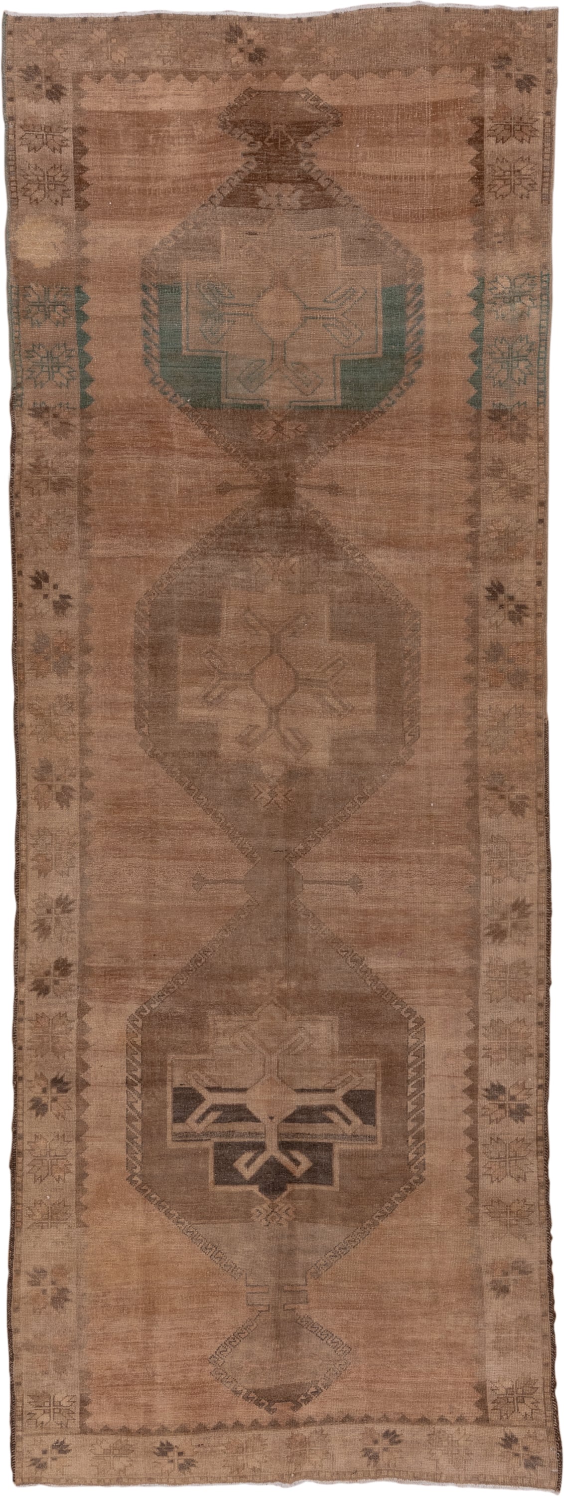 4' x 12' one-of-a-kind handmade vintage Oushak runner rug. Color palette: taupe, camel, brown, beige, teal, charcoal, gray