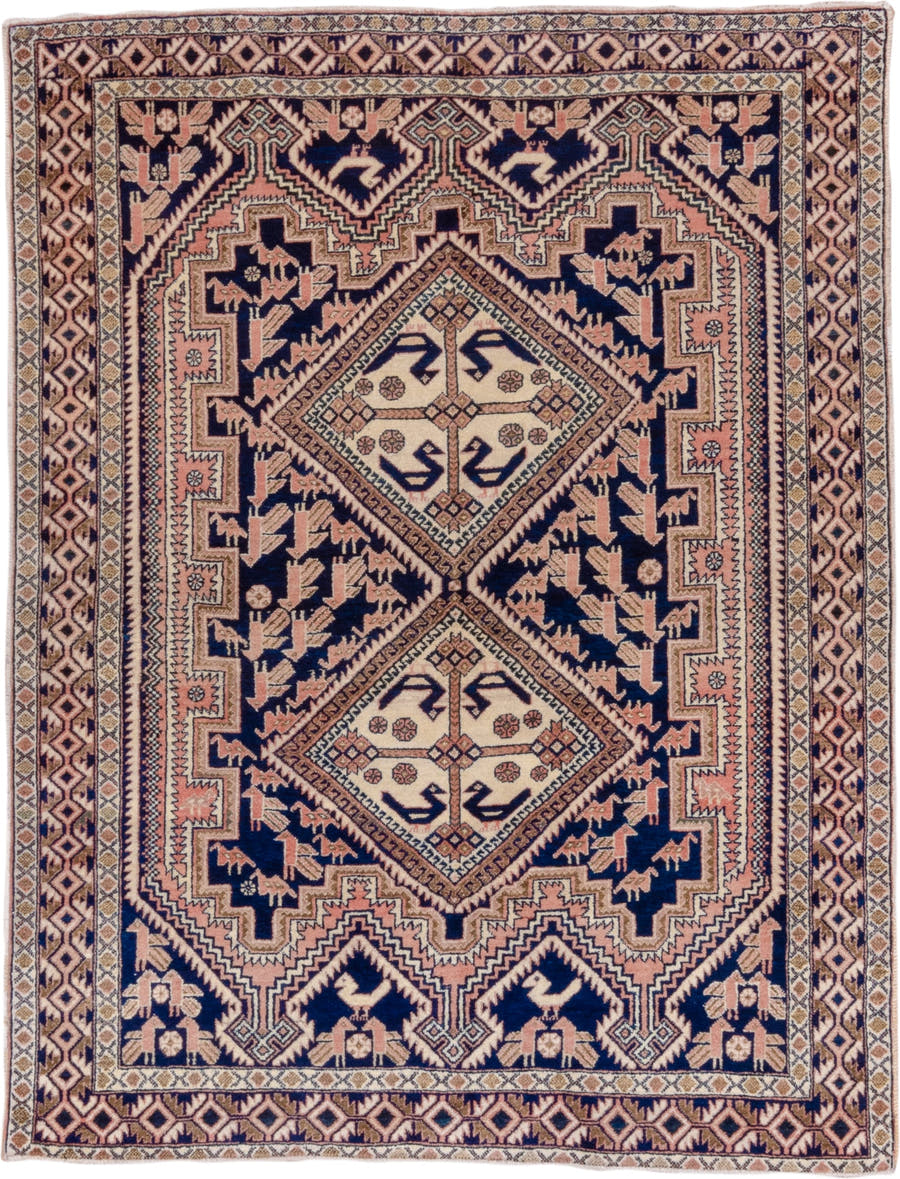 4' x 5' one-of-a-kind handmade antique Afshar small size rug. Color palette: navy, ivory, blush, taupe, rose, camel, blue