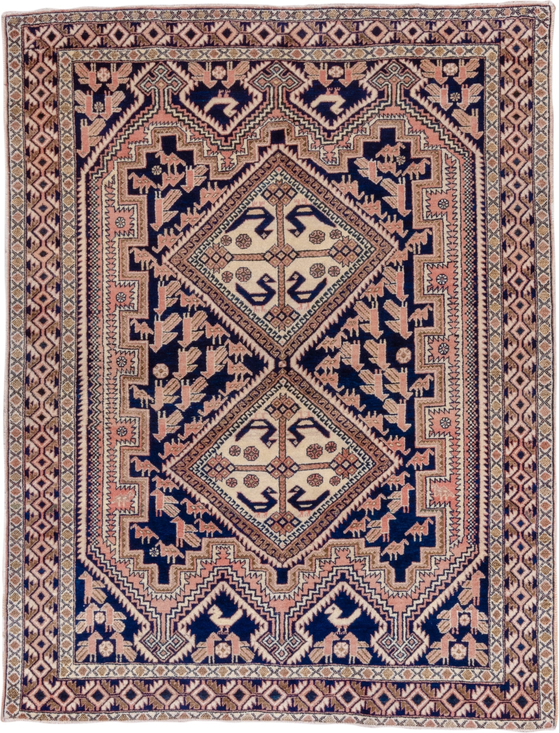 4' x 5' one-of-a-kind handmade antique Afshar small size rug. Color palette: navy, ivory, blush, taupe, rose, camel, blue