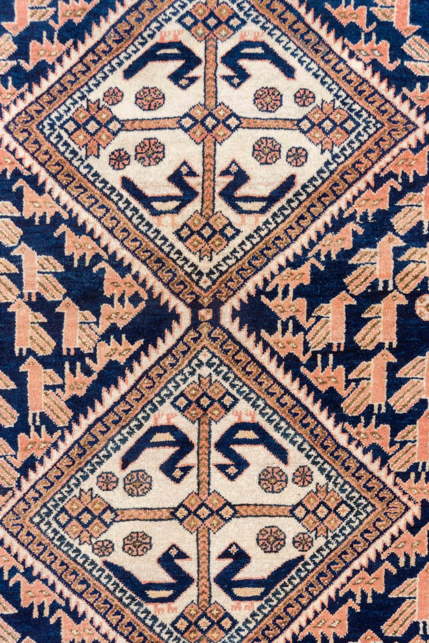 4' x 5' one-of-a-kind handmade antique Afshar small size rug. Color palette: navy, ivory, blush, taupe, rose, camel, blue