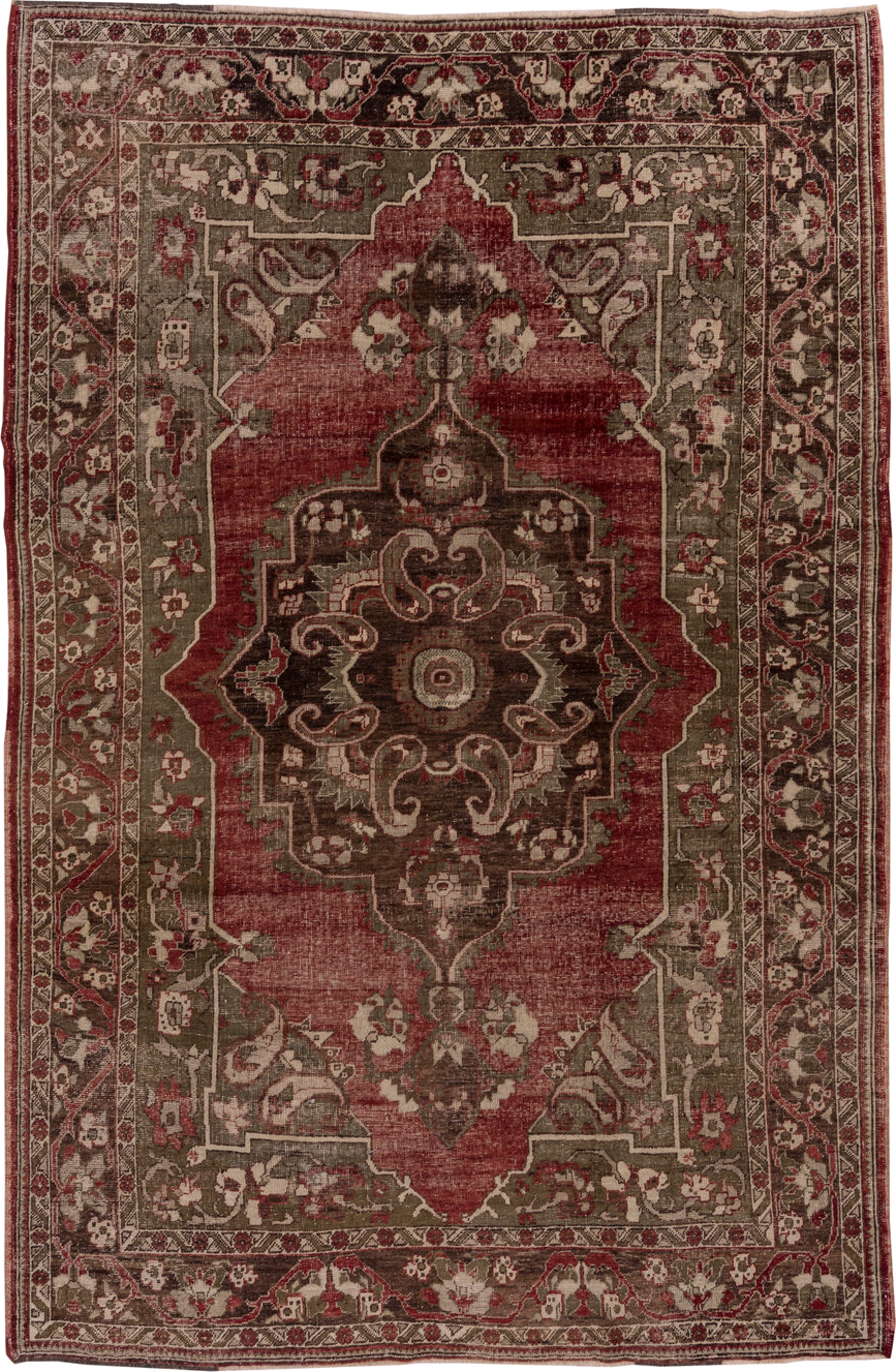 7' x 10' one-of-a-kind handmade vintage Oushak large size rug. Color palette: red, olive, ivory, brown, taupe, charcoal