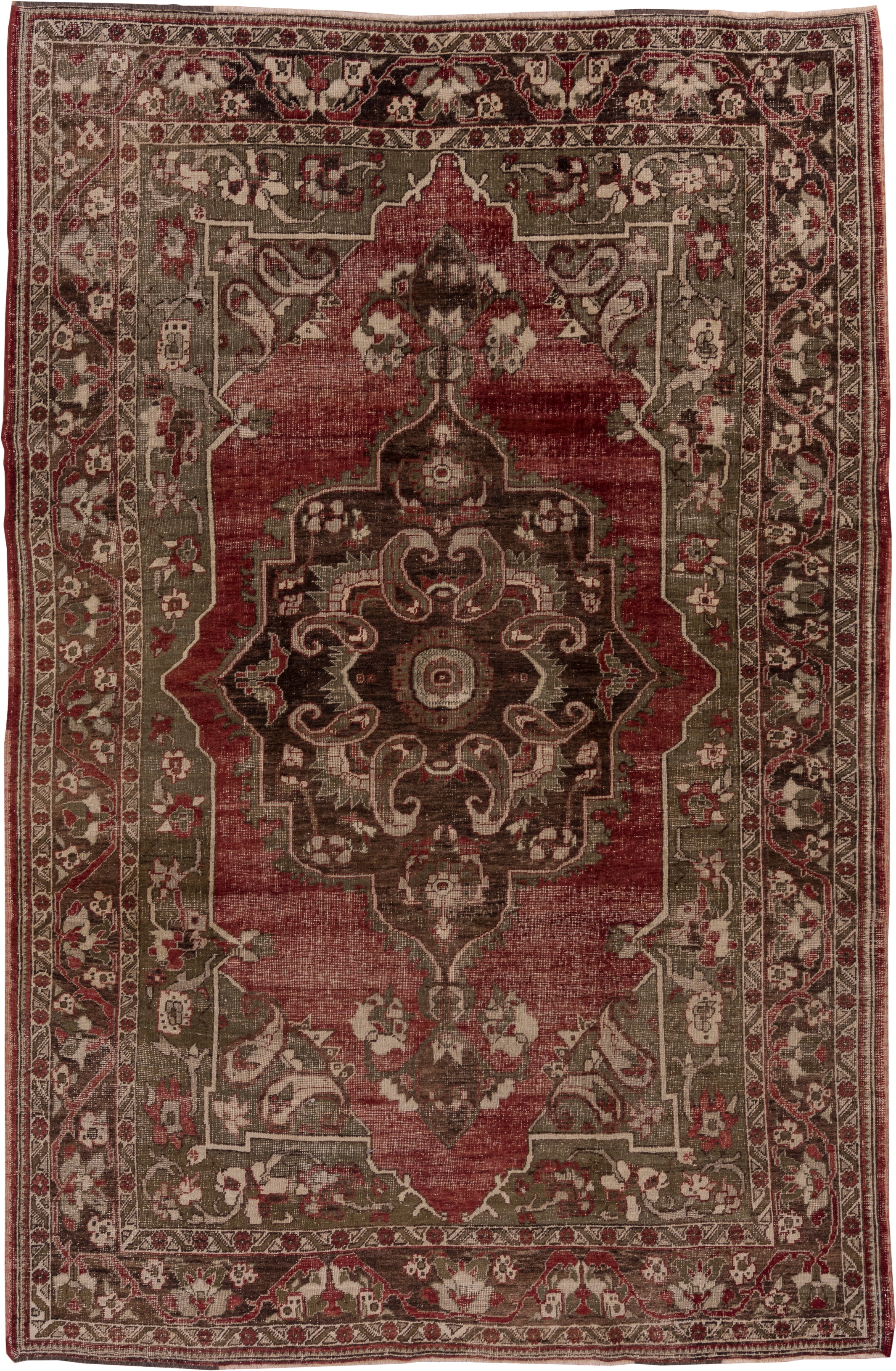 7' x 10' one-of-a-kind handmade vintage Oushak large size rug. Color palette: red, olive, ivory, brown, taupe, charcoal