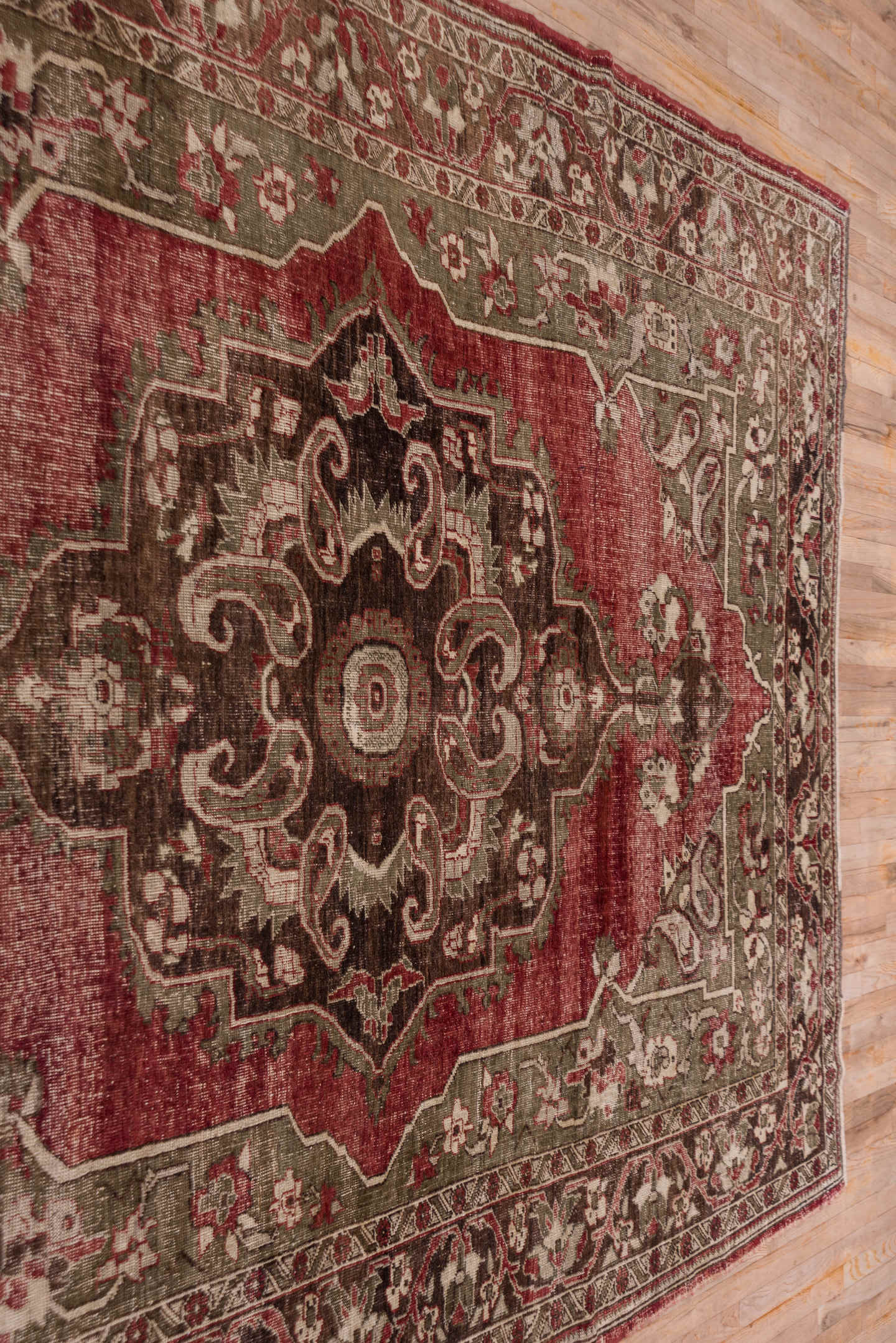 7' x 10' one-of-a-kind handmade vintage Oushak large size rug. Color palette: red, olive, ivory, brown, taupe, charcoal