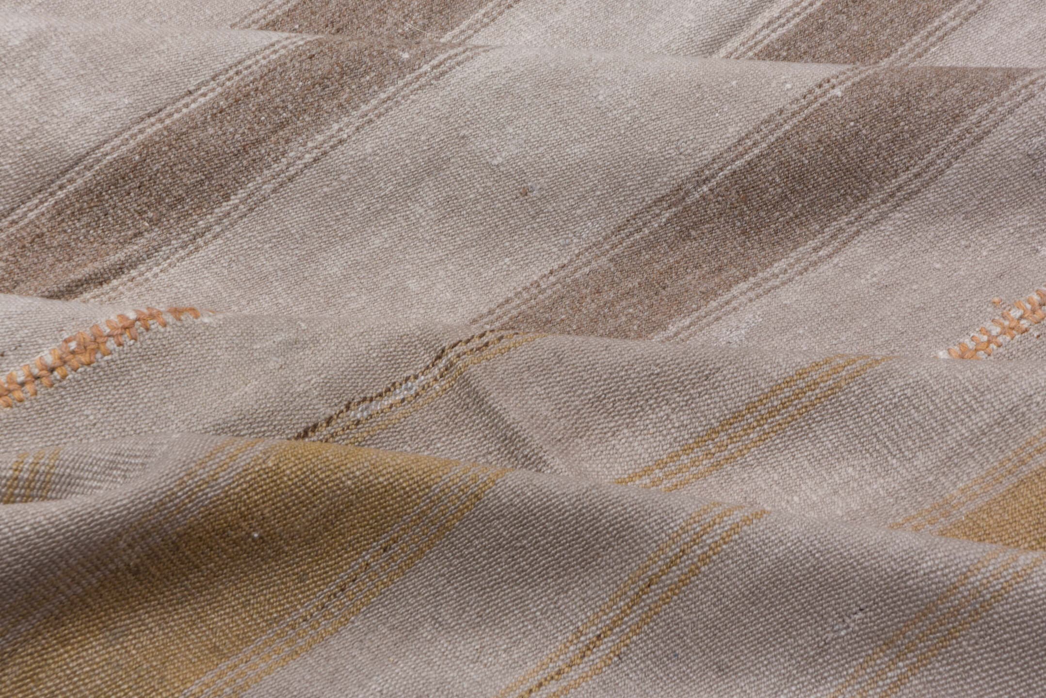 12' x 14' one-of-a-kind handmade antique Flatweave oversize rug. Color palette: ivory, taupe, camel, brown, beige, gray