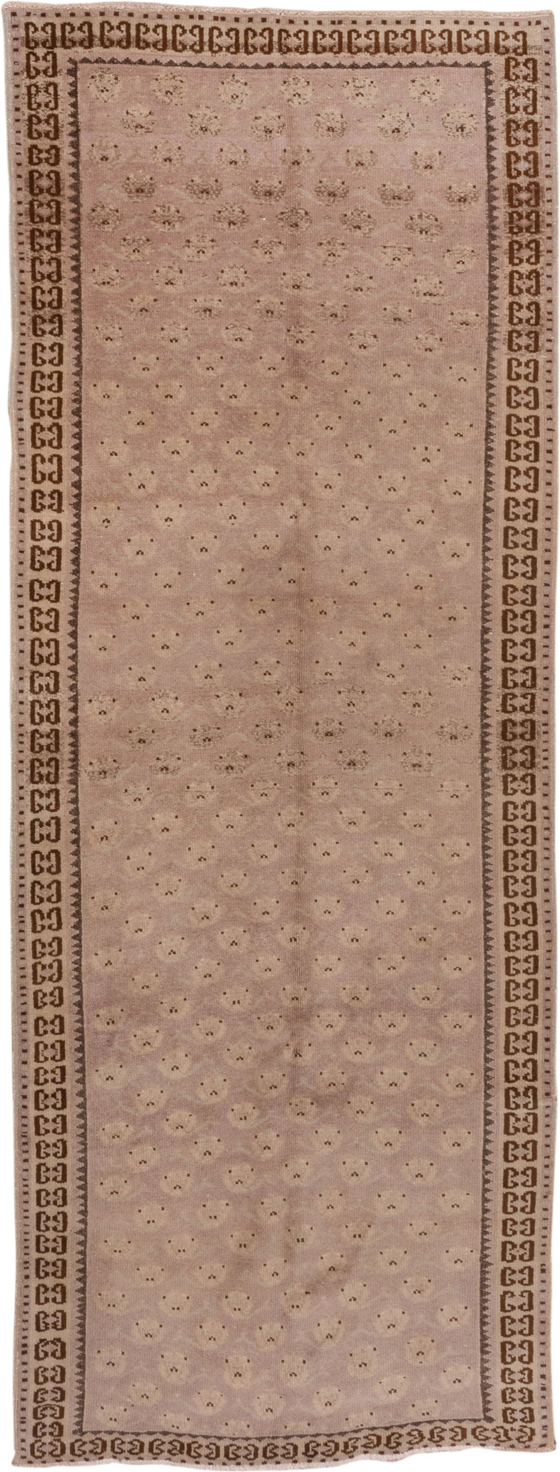 4' x 10' one-of-a-kind handmade vintage Oushak runner rug. Color palette: blush, taupe, brown, ivory, pink, beige, gray