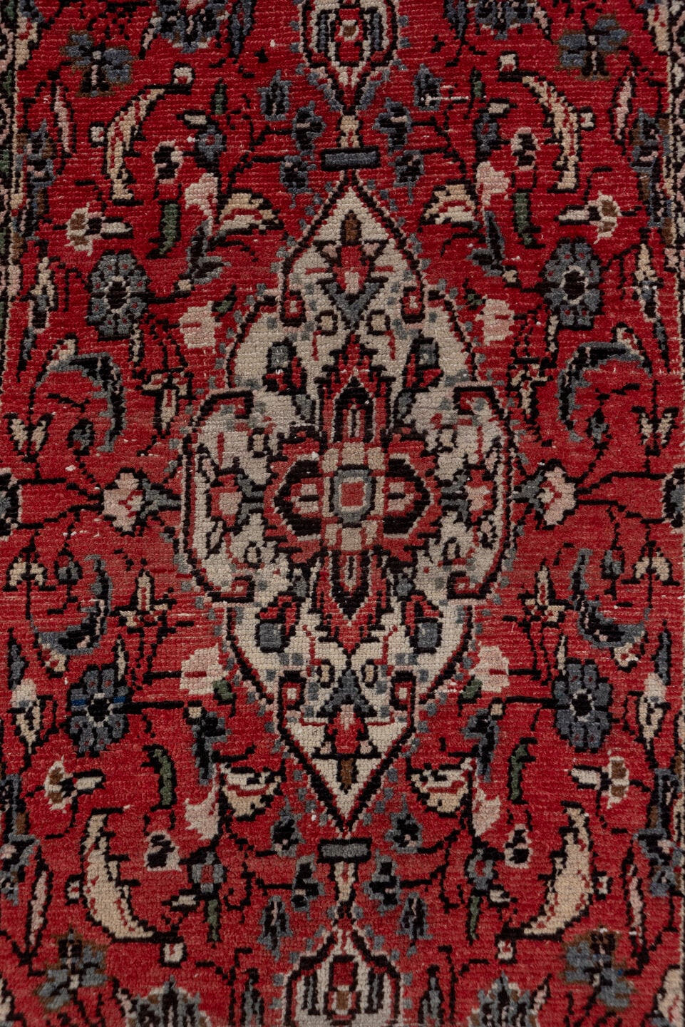 2' x 40' one-of-a-kind handmade vintage Dargazin runner rug. Color palette: rust, ivory, navy, charcoal, rose, slate
