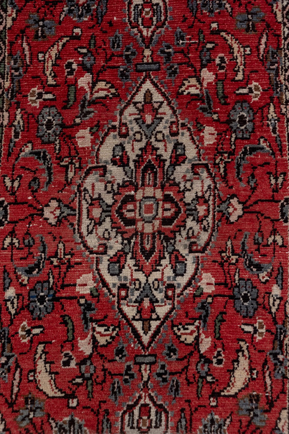2' x 40' one-of-a-kind handmade vintage Dargazin runner rug. Color palette: rust, ivory, navy, charcoal, rose, slate